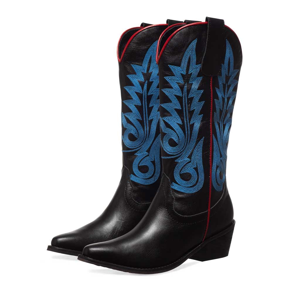 Black Pointed Toe Chunky Heel Cowgirl Boots with Blue Embroidery Nicepairs