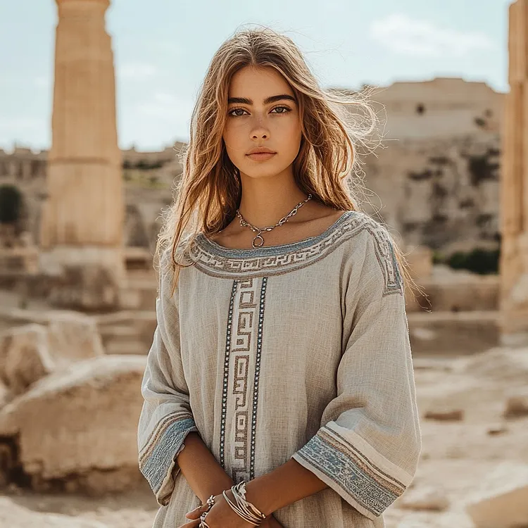 Retro Greek Key Linen Blend Crew Neck T-shirt