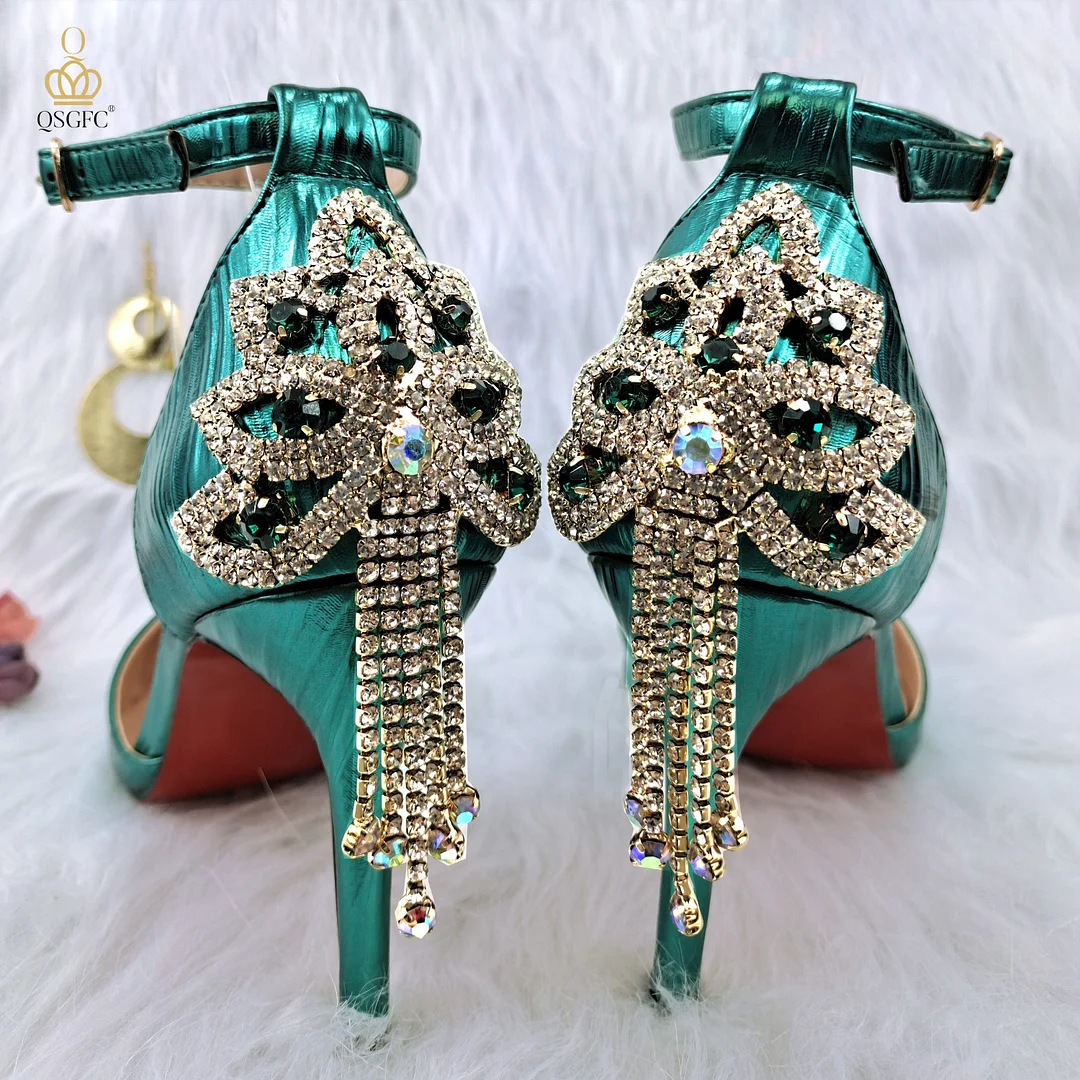 QSGFC 2022 New Arrival Sexy High Heel Pointed Elegant Noble Green Color Ladies Shoes and Bag Set For Any Occasion
