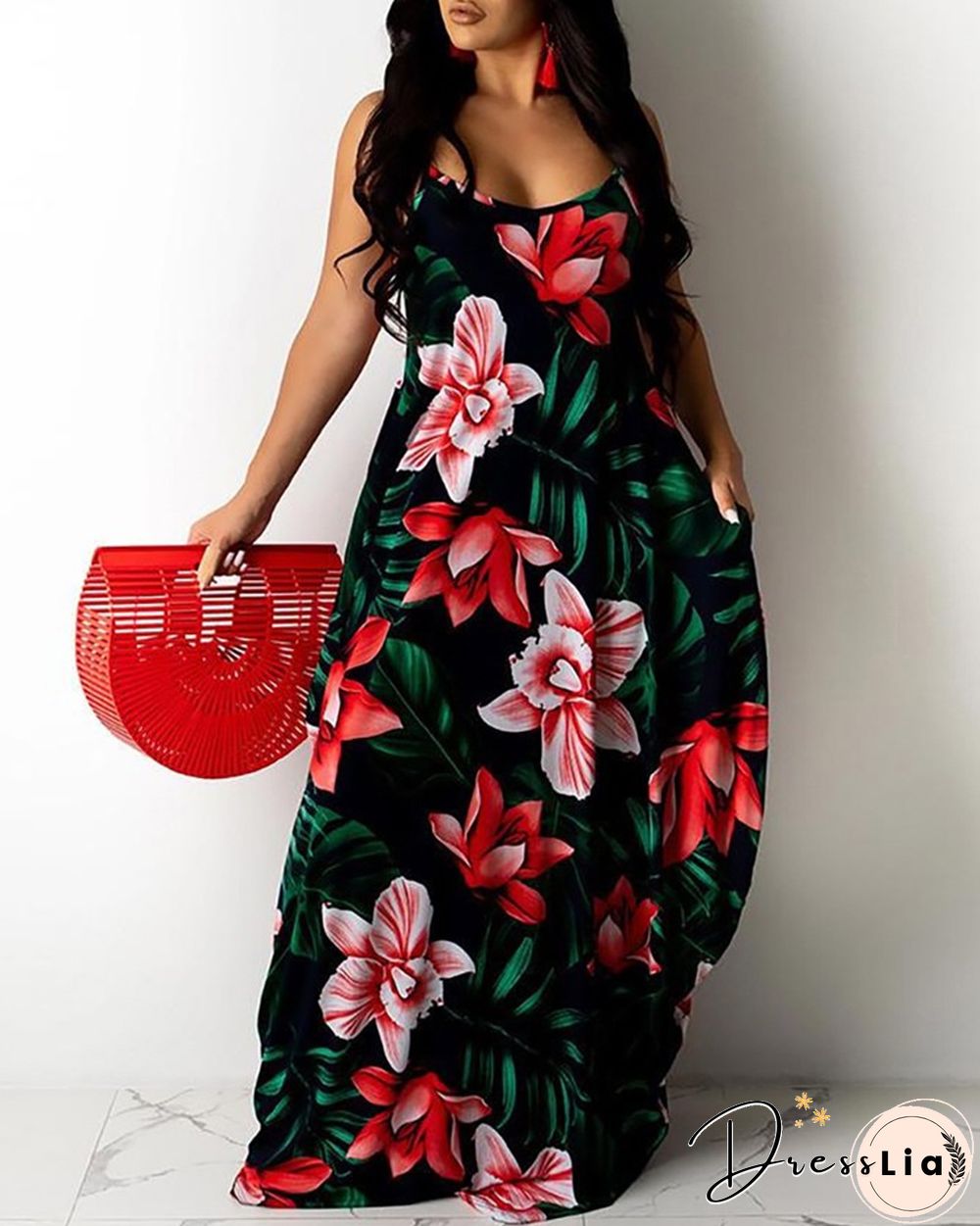 Floral Leaf Print Spaghetti Strap Maxi Dress