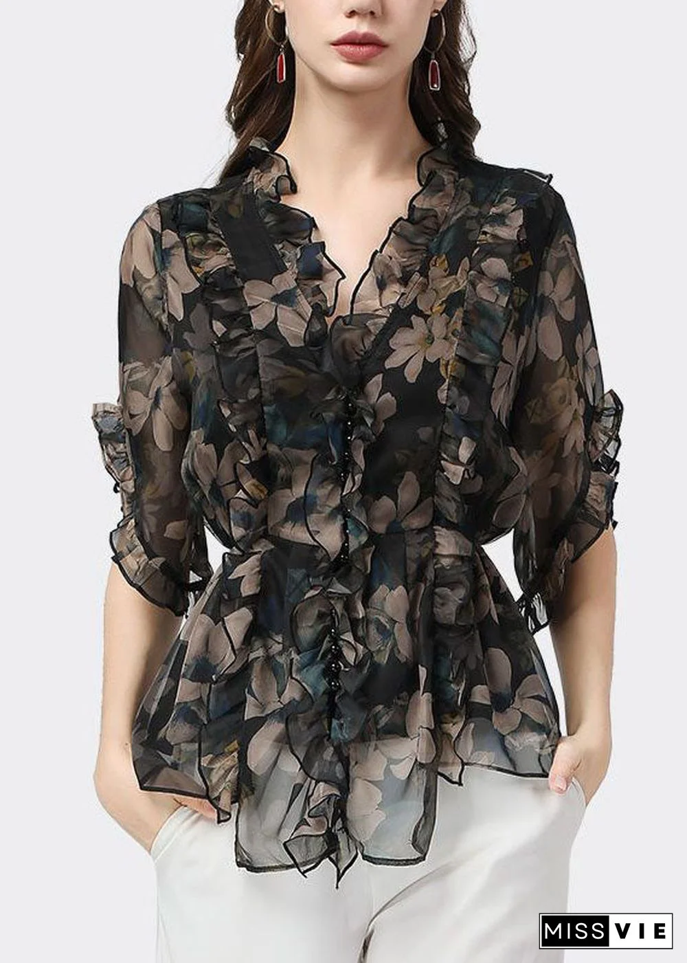 Unique Black Ruffled Patchwork Print Chiffon Blouse Top Summer