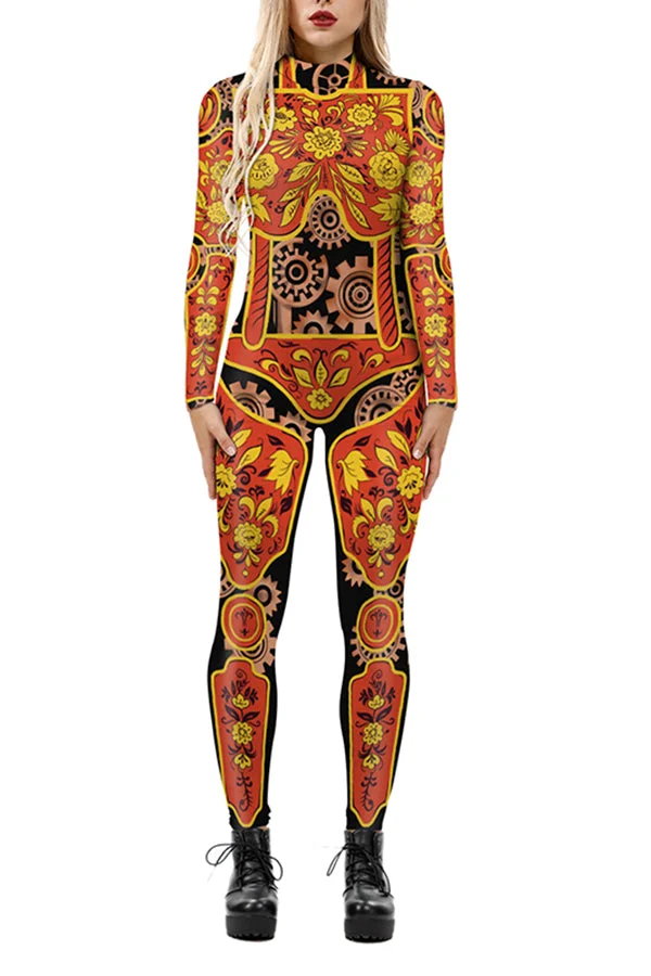 Floral Print High Neck Long Sleeve Zip Back Halloween Jumpsuit Tangerine-elleschic