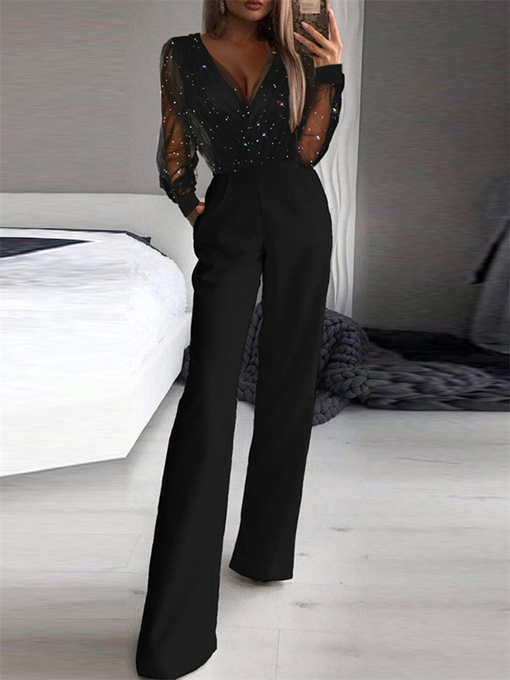 Women's Jumpsuit Mesh Sequin Solid Color V Neck Elegant Party Prom Regular Fit Long Sleeve Black S M L Spring