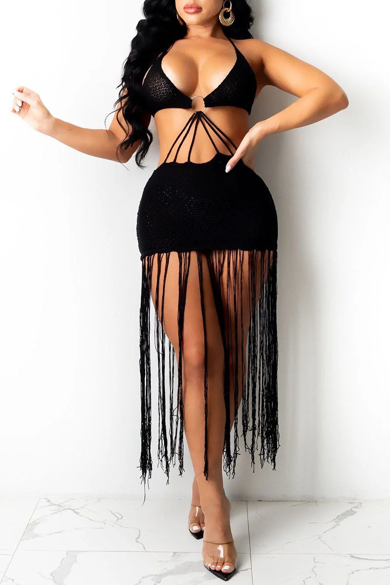 Sexy Solid Tassel Hollowed Out Split Joint Backless Swimwears Cover Up