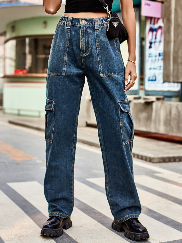 Women's Denim Jeans Long Straight Big Pocket Workwear Cargo Jean Pant