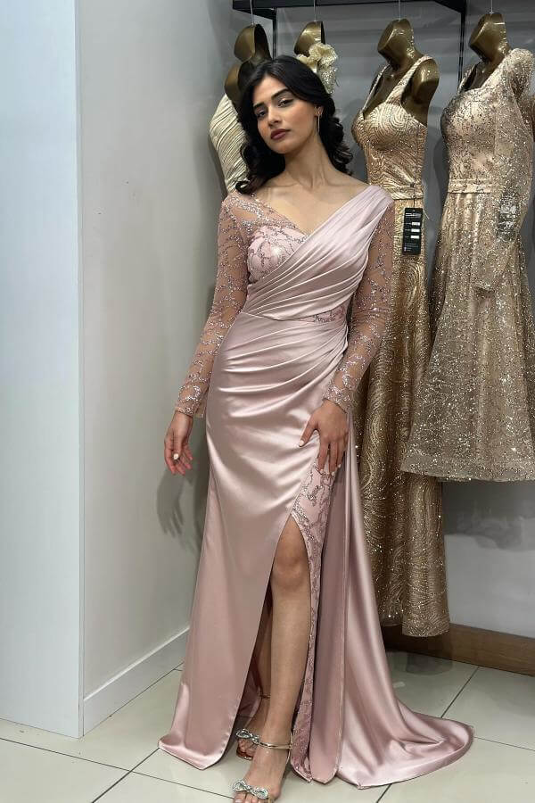 Chic Dusty Pink V-Neck Long Sleeves Mermaid Evening Gown With Split Sequins - lulusllly