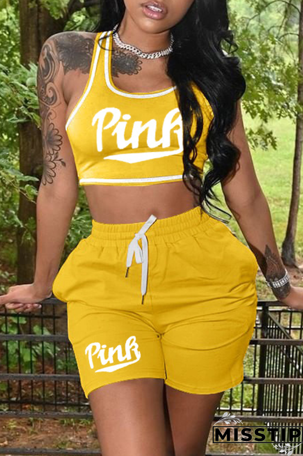 Yellow Casual Print Patchwork U Neck Sleeveless Two Pieces