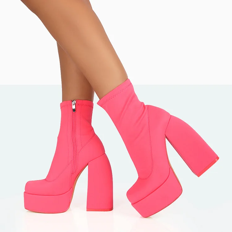 Hot Pink Chunky Heel Ankle Boots Classic Round Toe Platform Booties |FSJ Shoes