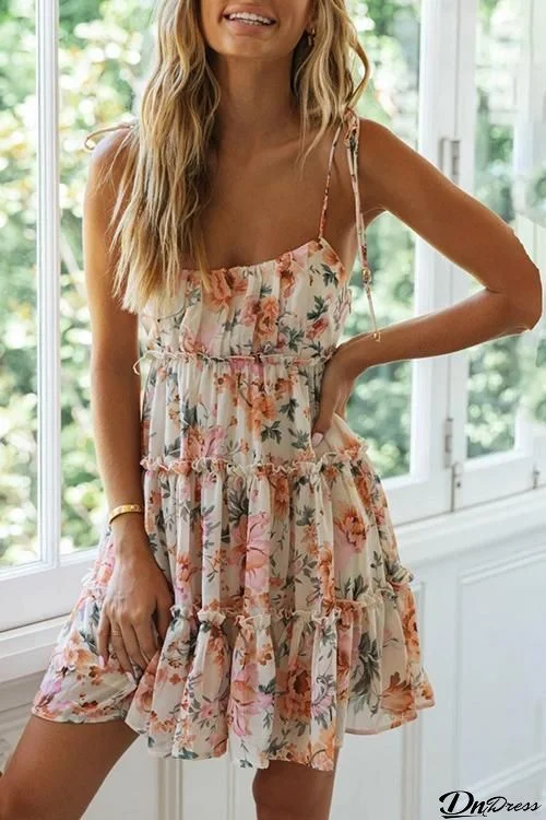 Ruffles Floral Print Slip Mini Dress