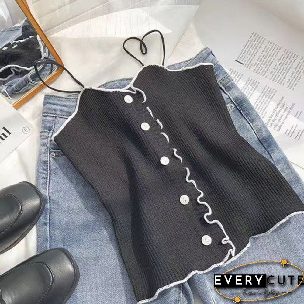 Pearl Diary Women Spaghetti Strap Knitted Tops Summer Ruffle Camis Top With Front Buttons Solid Color Basic Knitted Cute Tops