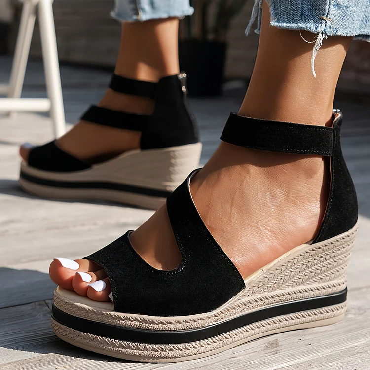 Women Slope Heel Thick Bottom Sandals High Heeled Back Zip Sandals Radinnoo.com