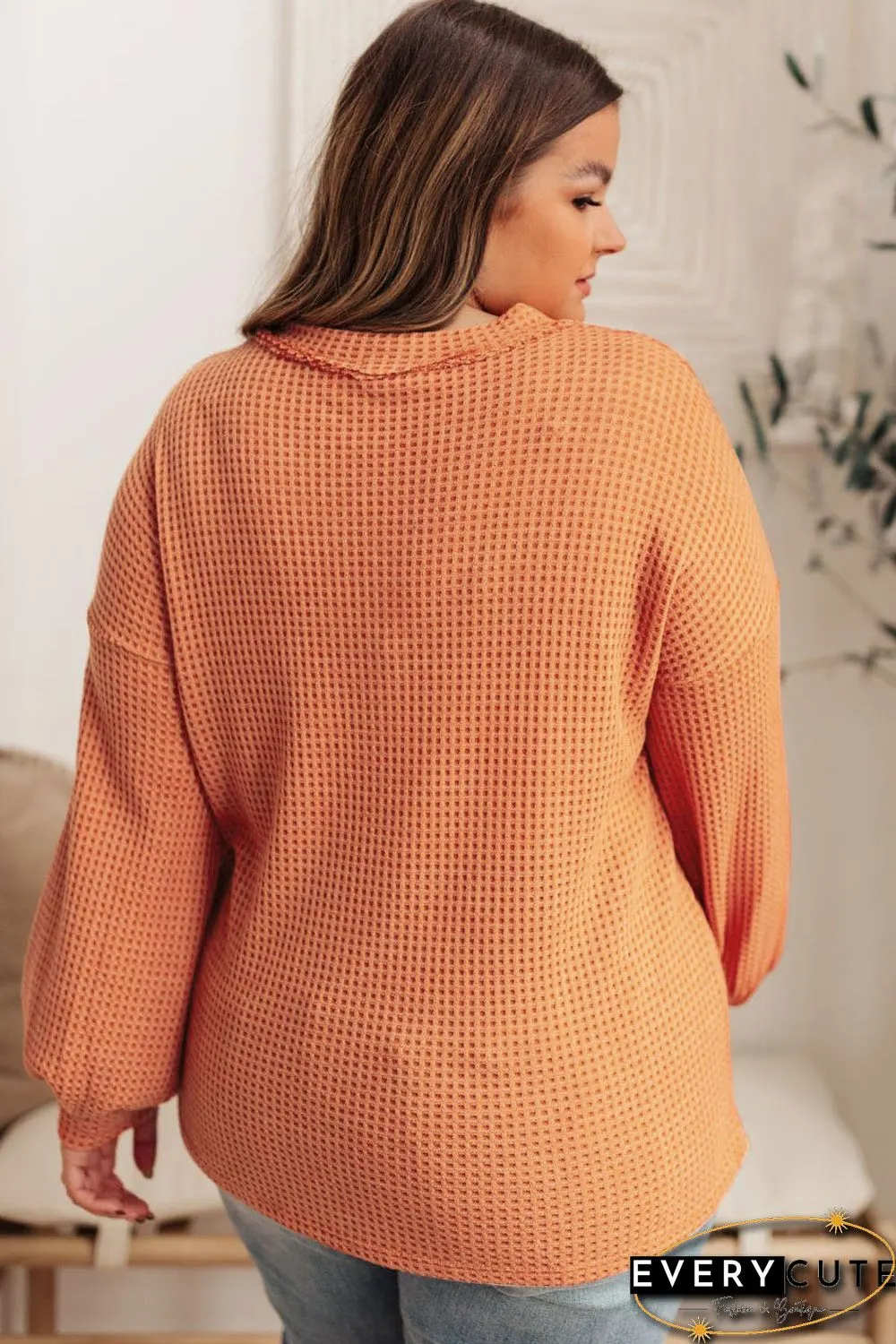 Orange Buttoned V Neck Waffle Knit Plus Size Top
