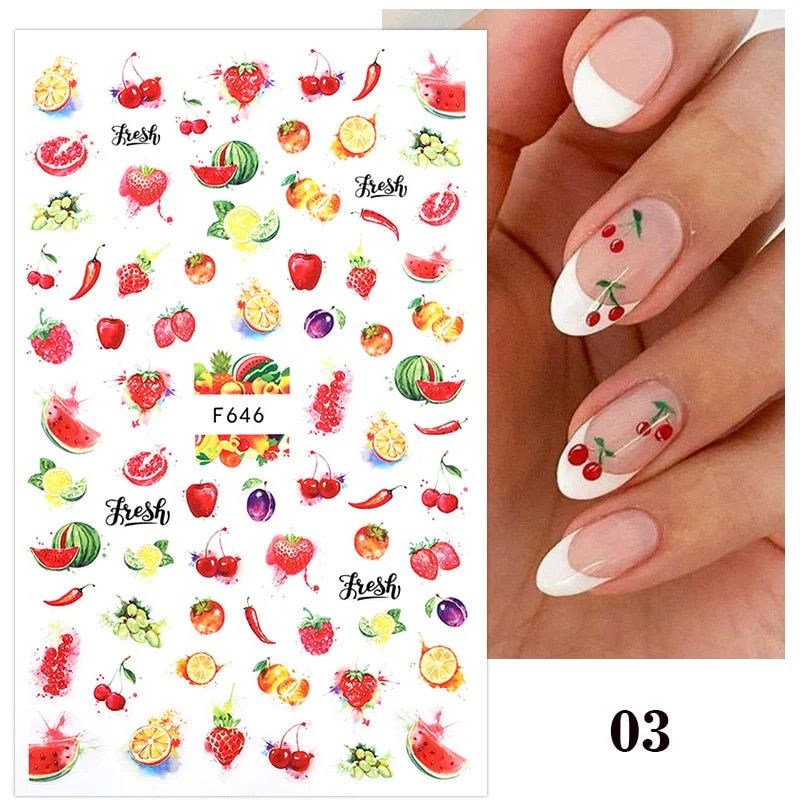 1PC 3D Nail Stickers Kiwi Avocado Lemon Banana Fruits Self-Adhesive Slider Nail Art Decorations Decals Manicure Accessories-Nail Inspo