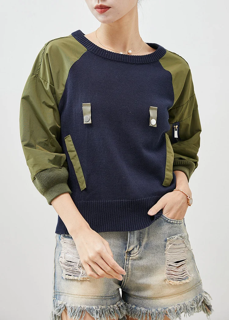 French Navy Zip Up Patchwork Knit Sweatshirts Top Spring