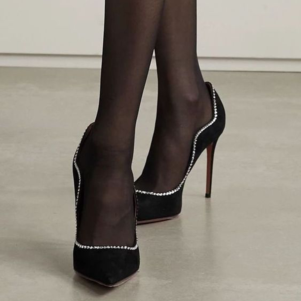 Black Suede Closed Pointed Toe Rhinestone Pumps With Stiletto Heels Nicepairs