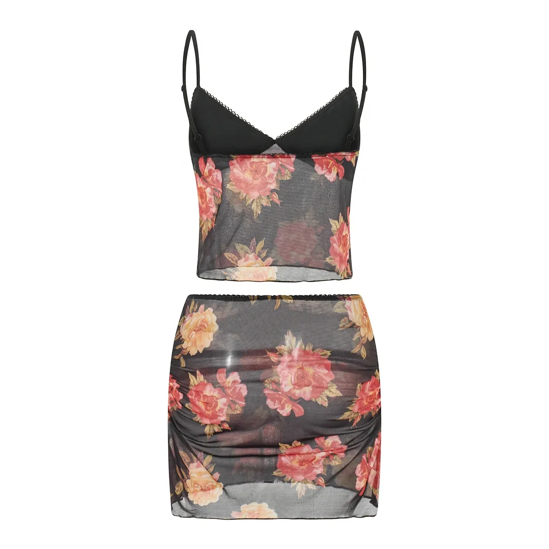 HiriWomen's Summer Set Sleeveless V Neck Low Cut Cami Tops + Elastic Waist Flower Print Mini Skirt 2 Piece Outfits