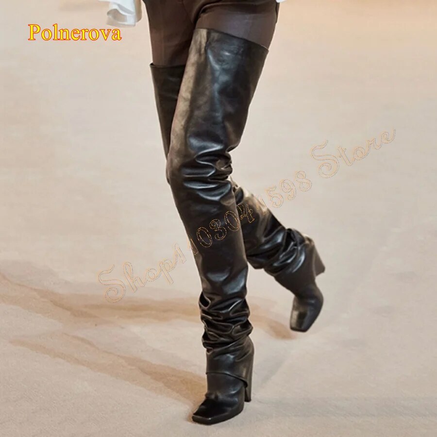 VCshoes Flat Toe Leather Over The Knee BootsTapered Heel Women Boots Shopping Party High Heel Boots Zapatos Para Mujere