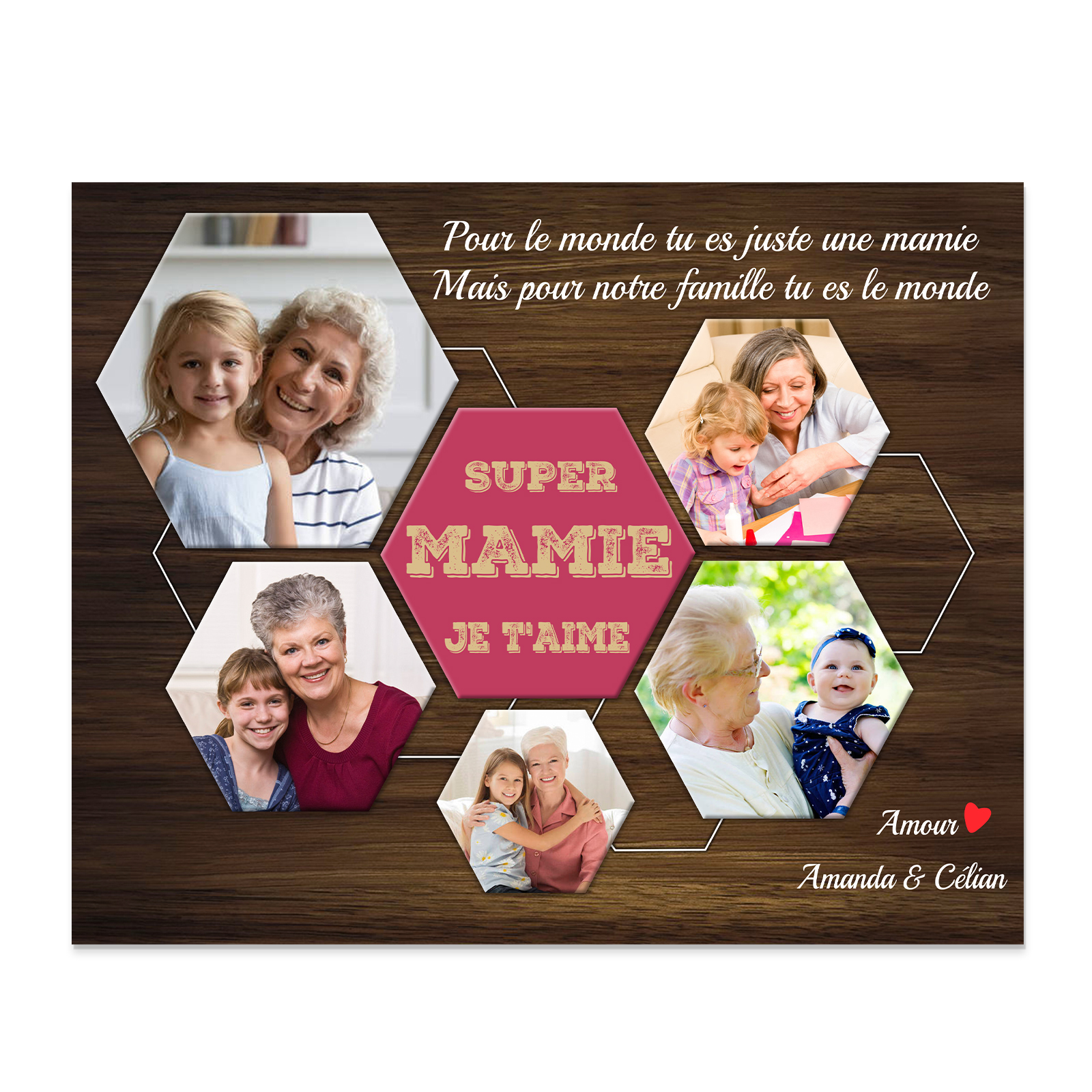 À ma Mamie - Cadre en Bois 2 Prénoms et 5 Photos Personnalisés Cadeau pour Super Mamie