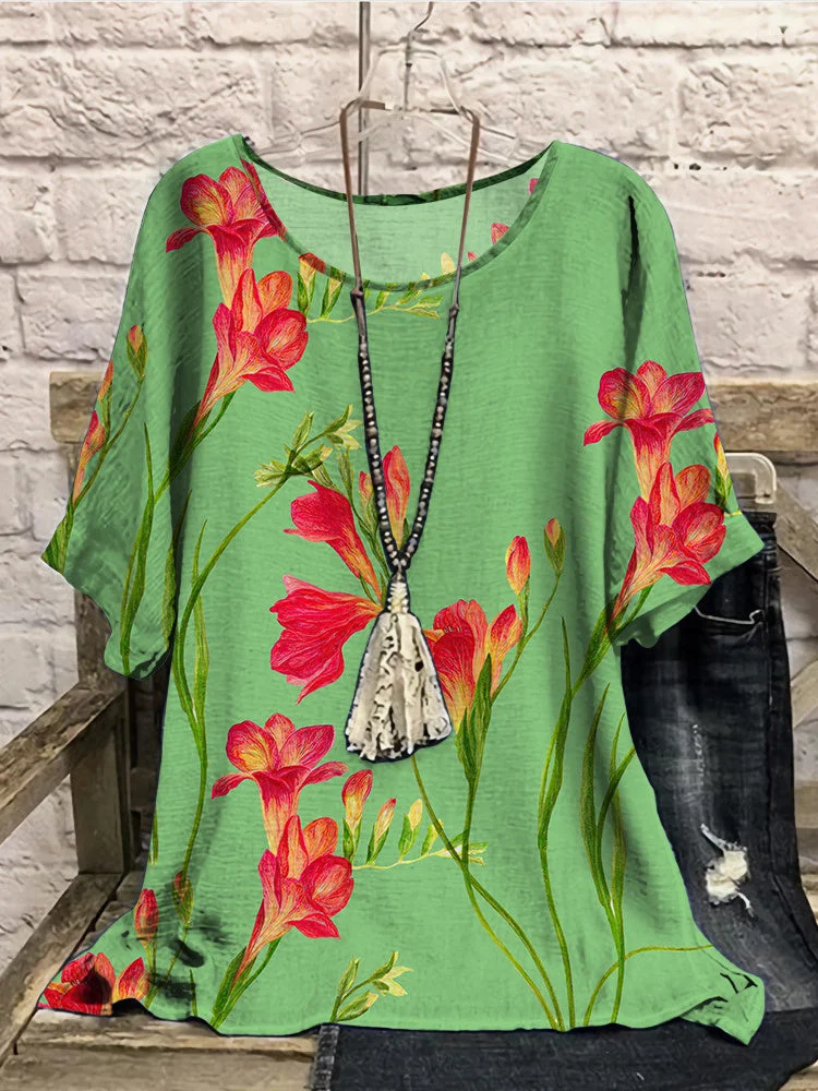 Women Half Sleeve Scoop Neck Floral Printed Colorblock Green Women Tops