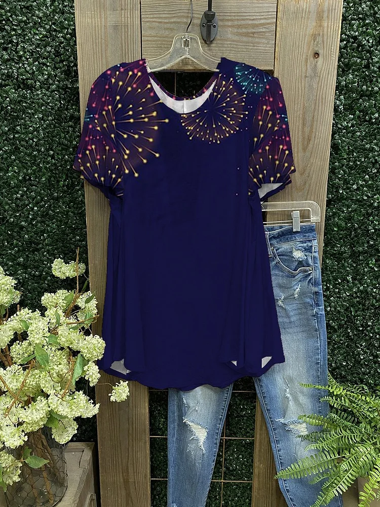 Women's Blue Firework Print  T-shirt-Mayoulove