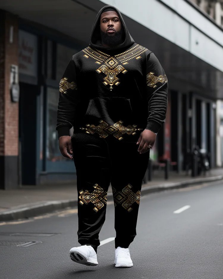 Men's Large Size Retro Element Viking Pattern Long-Sleeved Hoodie Sweatpants Suit