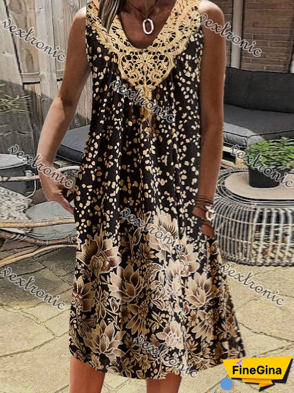 Women's Gold V-Neck Sleeveless Floral Printed Midi Dress