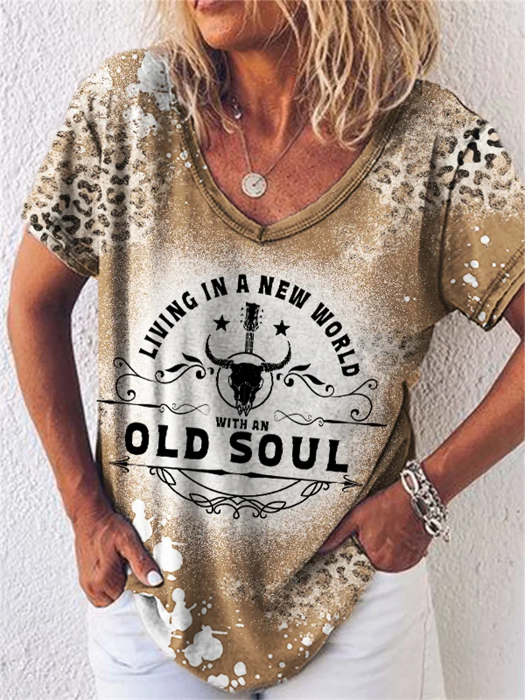 Living in A New World with An Old Soul Leopard Bleached T Shirt