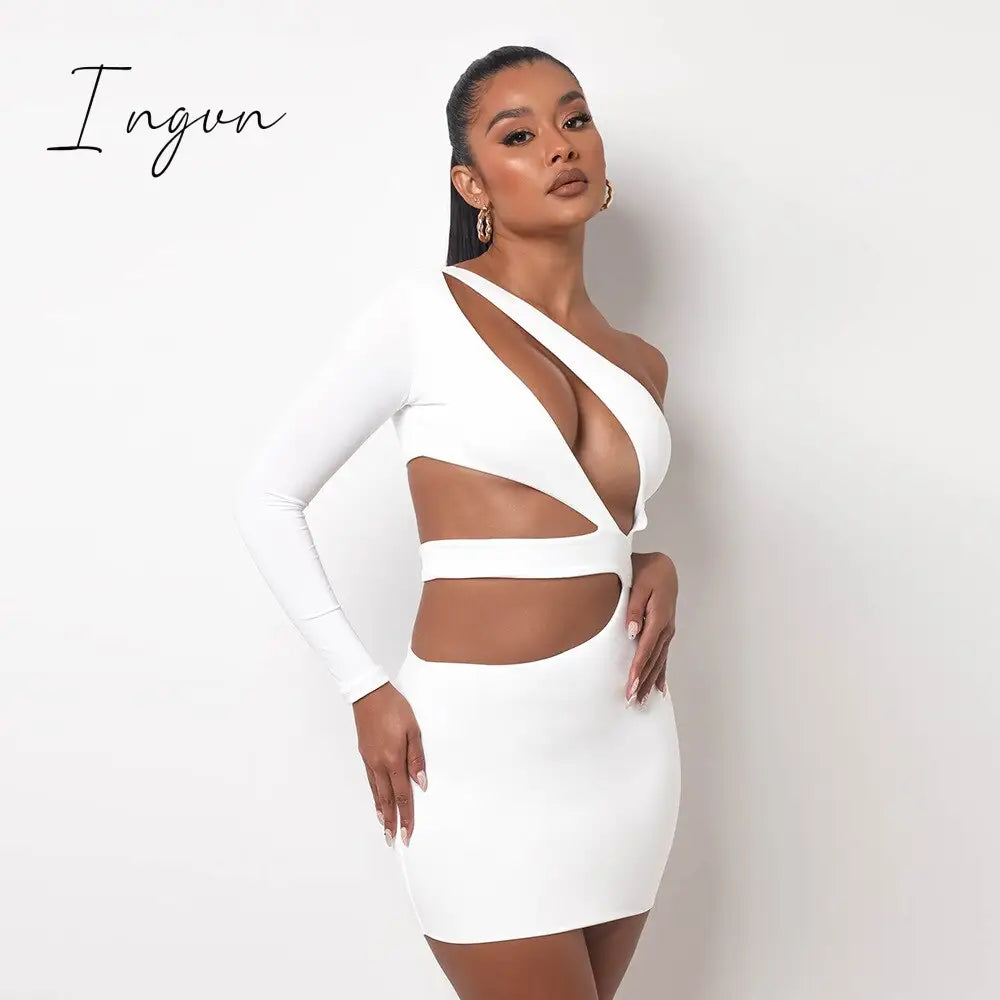 Ingvn - Double Layer Autumn Women Bodycon Dress Party New Arrivals White One Shoulder Cut Out