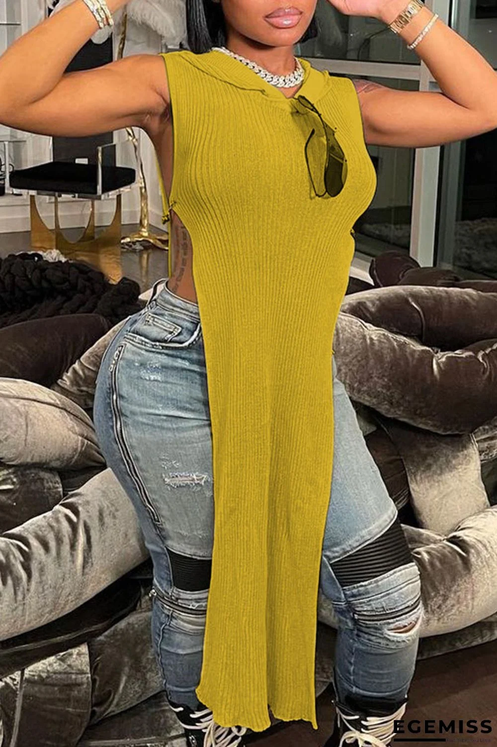 Golden Yellow Casual Solid Patchwork High Opening V Neck Pencil Skirt Dresses | EGEMISS