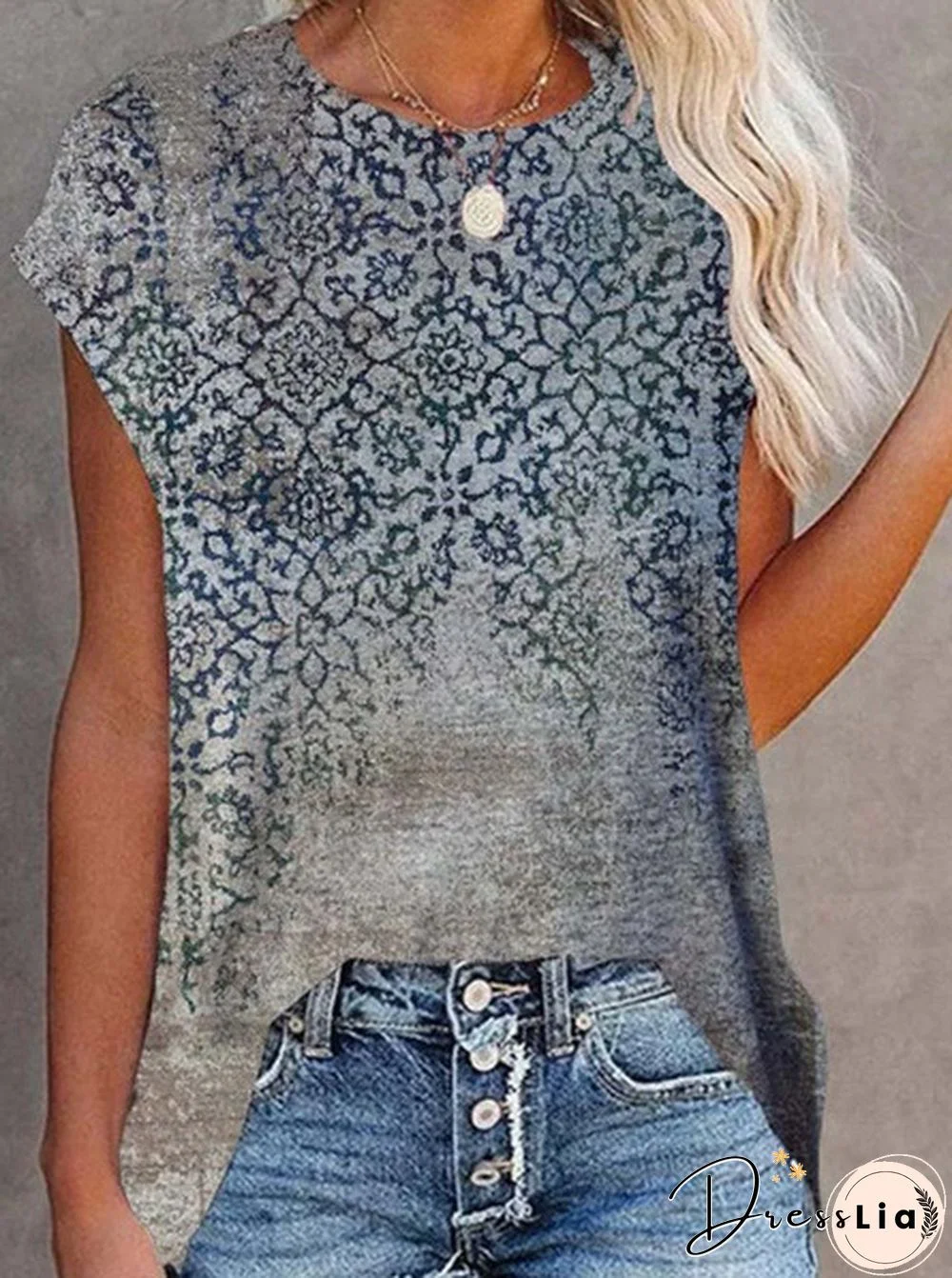 Boho Geometric Tribal Floral Loosen Crew Neck Tunic Short Sleeve T-Shirt