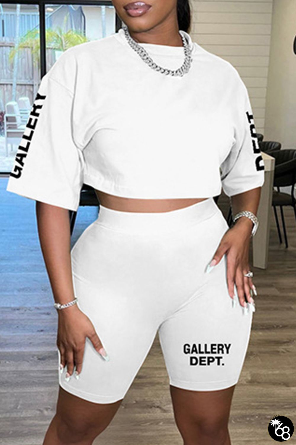 White Casual Letter Print Basic Oblique Collar Half Sleeve Two Pieces | 168DEAL