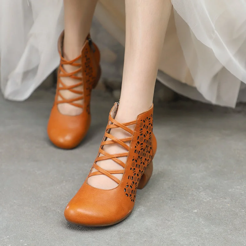 Handmade Genuine Leather Pumps Retro Round Toe Women Ankle Boots Block Heels Side Zipper Coffee/Brown