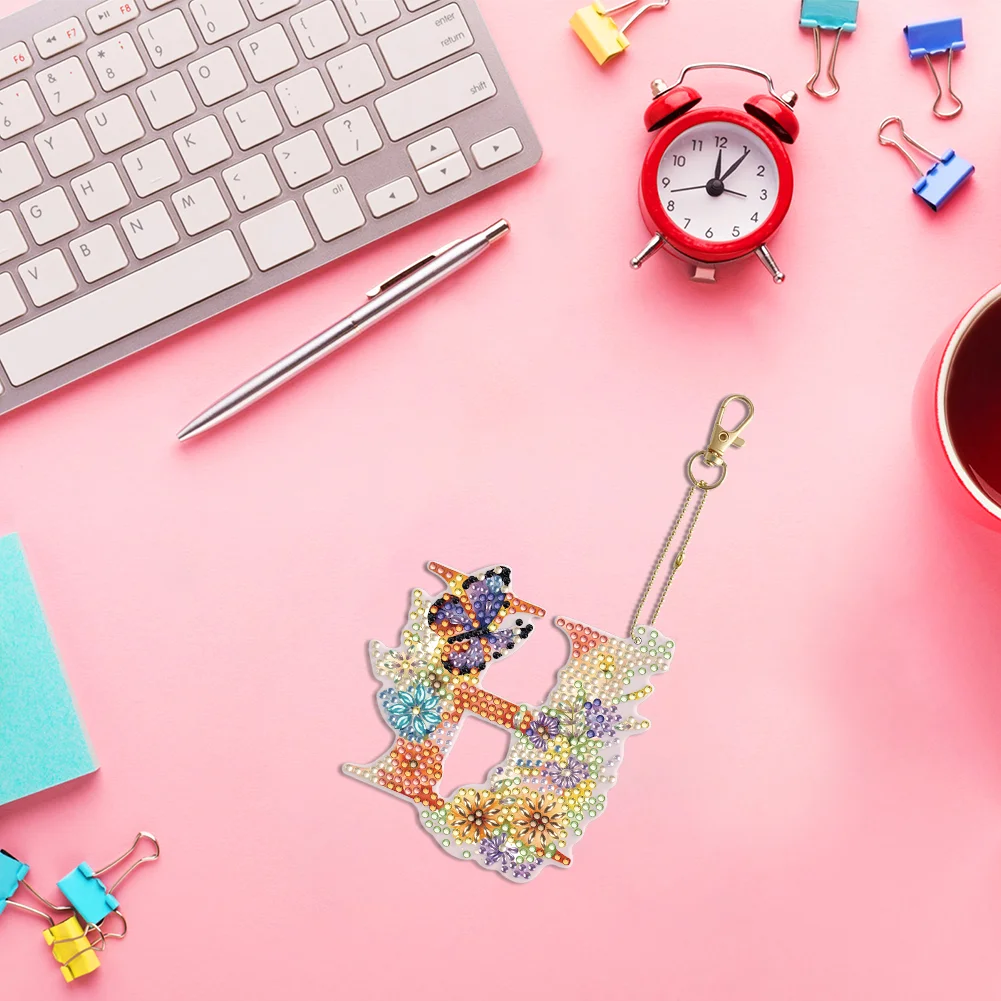 DIY H Diamond Art Key Rings Lettter Keychain Supplies Gift for Kids(Double Sided)