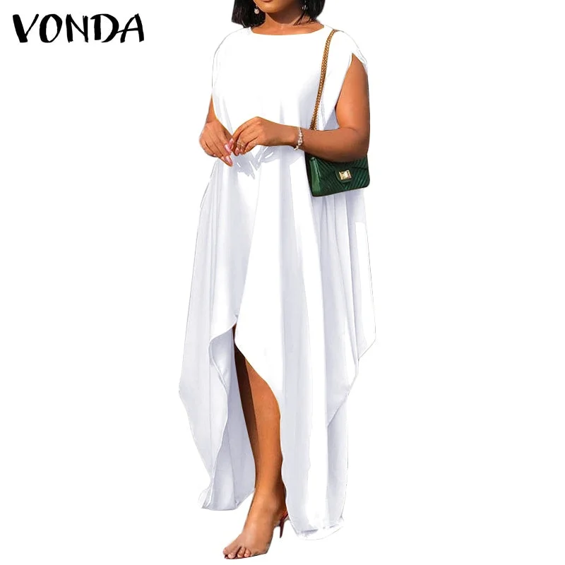 Summer Satin Dress 2022 VONDA Women Bohemian Casual O Neck Sexy Sleeveless Solid Silk Maxi Long Dresses Elegant Party Sundress