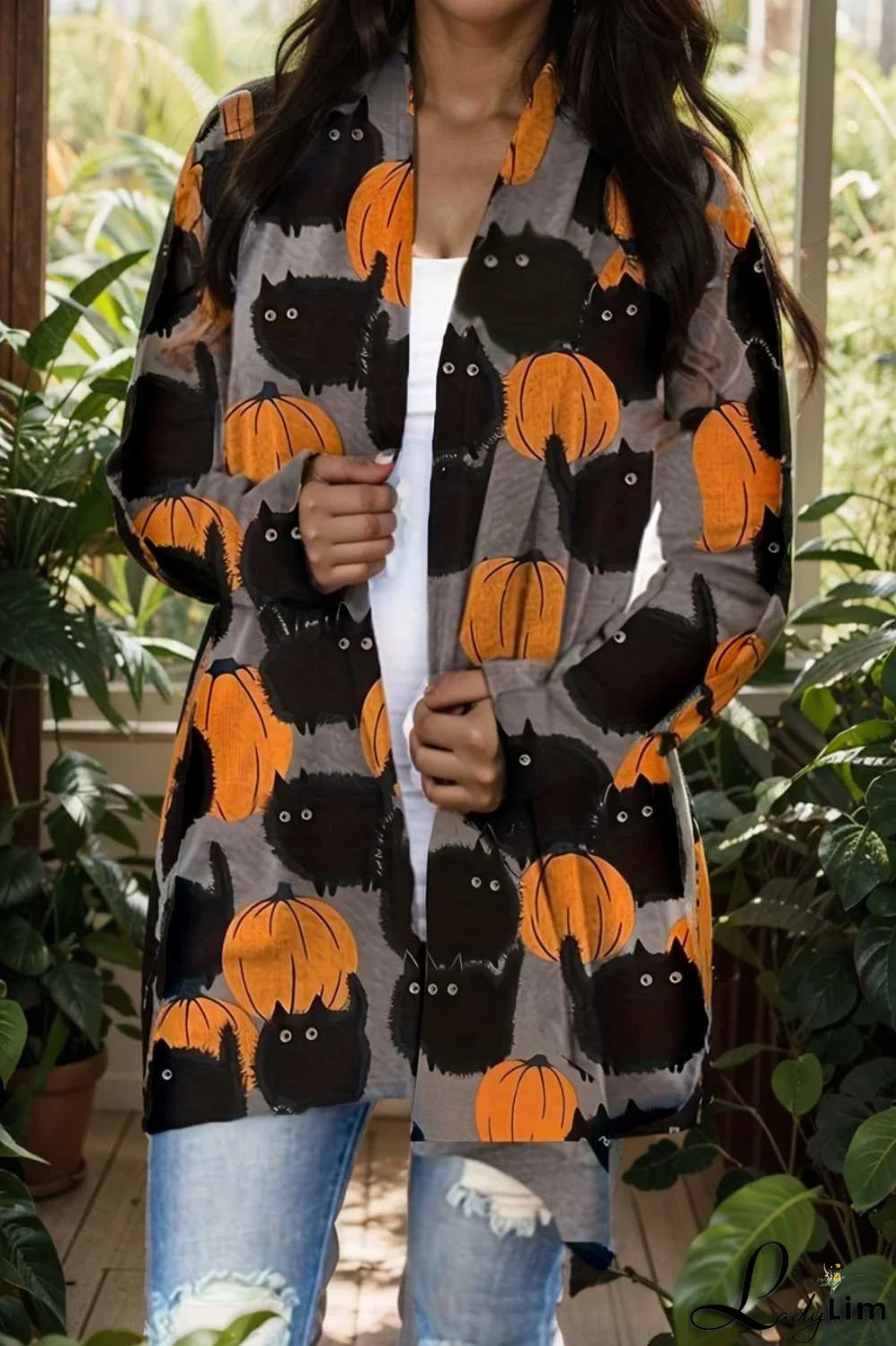 plus size halloween coat women s pus allover cat pumpkin print long sleeve open front medium stretch cardigan overcoat