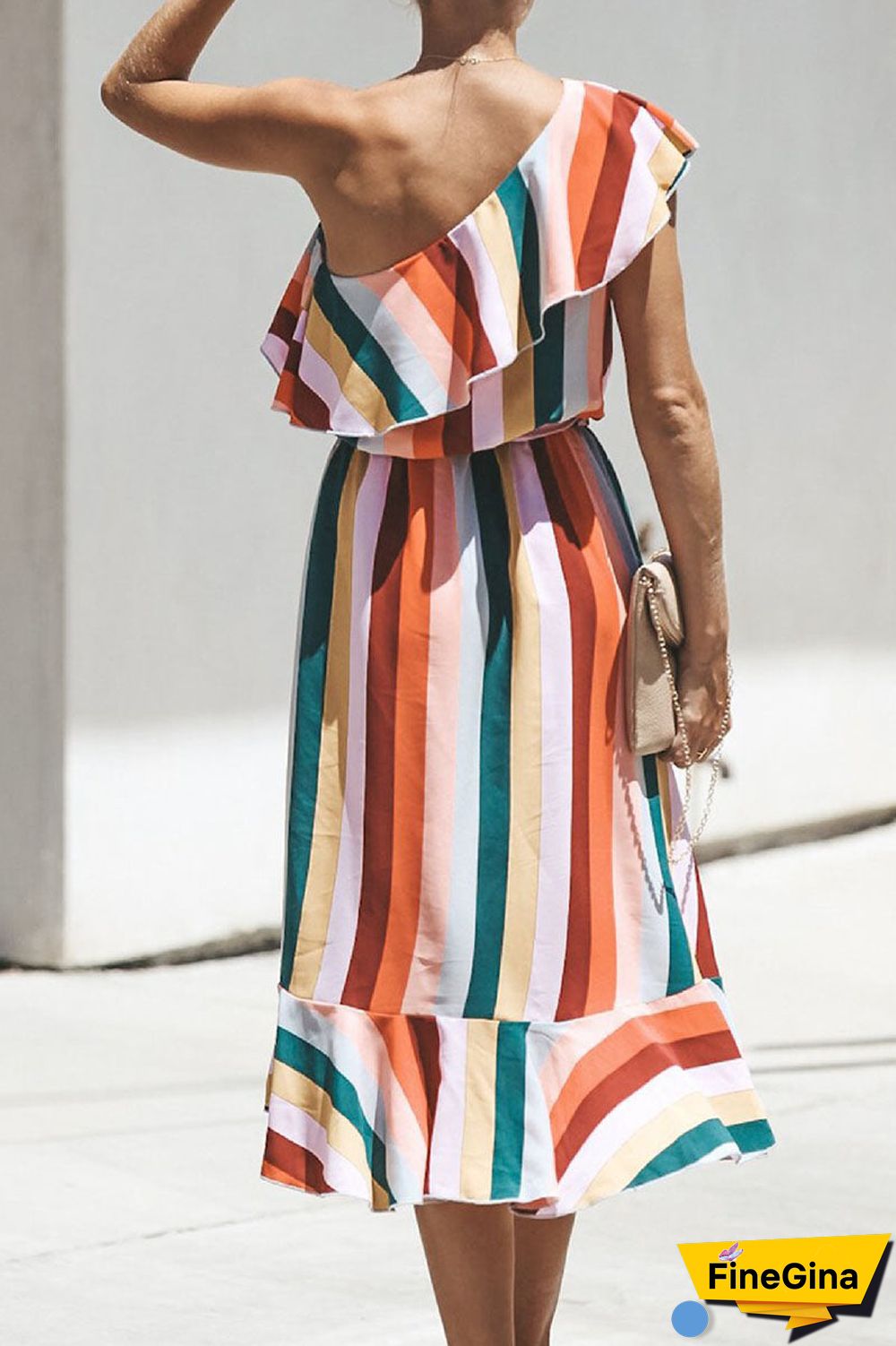 Fashion Street Striped Split Joint One Shoulder Irregular Dresses