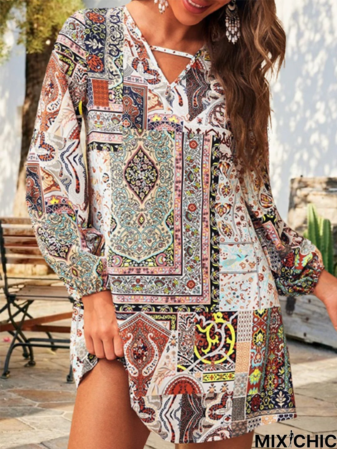 Ethnic Long Sleeve Notched Tunic Casual Dress