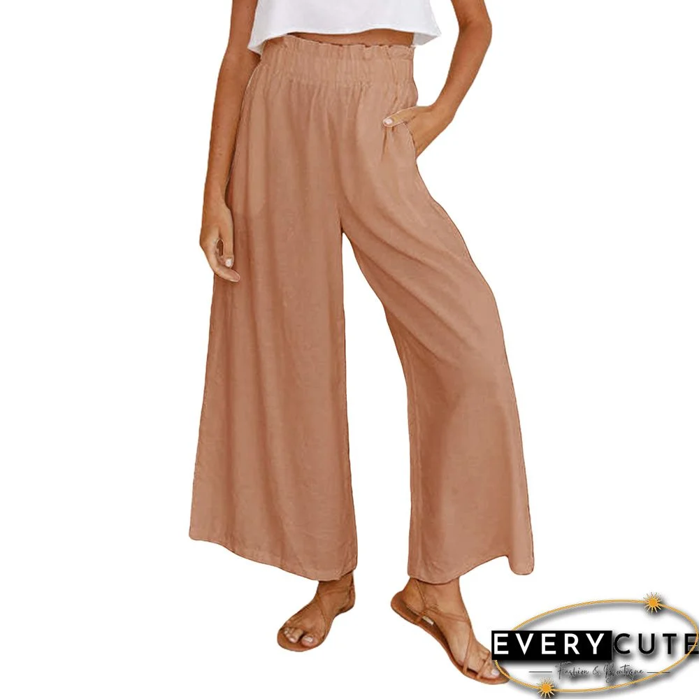 Khaki Ruffled High Waist Wide Leg Pants with Pocket