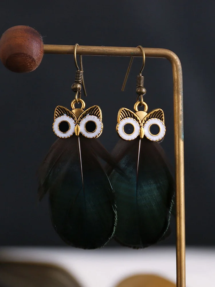 Bestdealfriday Peacock Feather Owl Vintage Earrings