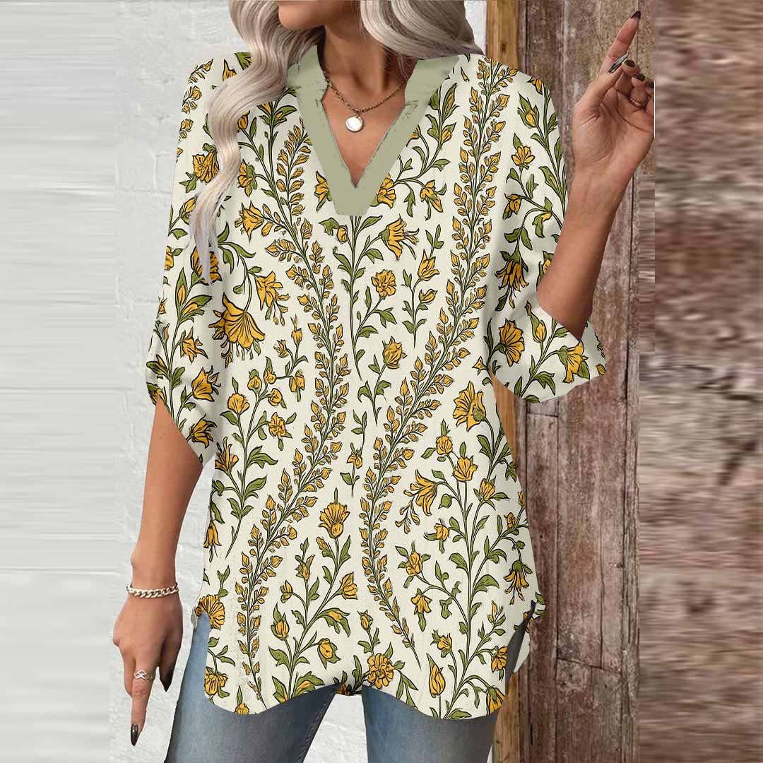 Women Floral, Red, Green DZGA0182 3/4 Sleeve V-neck Printed Graphic Button Tops
