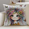 Quirky Girl 11CT Stamped Cross Stitch Pillow Cover Kit 3-Strand Embroidery with Zipper 45x45cm