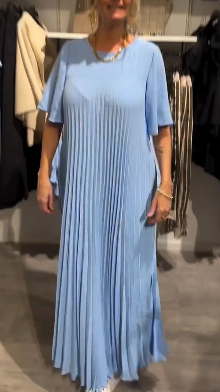 Women's Round Neck Pleated Casual Dress 