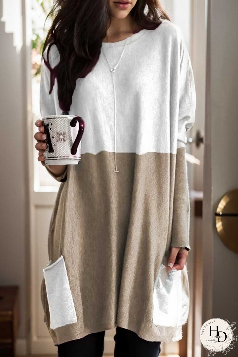 two color stitching pocket loose long sleeve t shirt