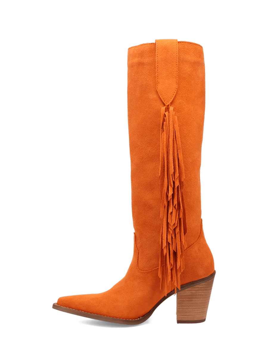 Orange Snip Toe Vegan Suede Stacked Heel Fringe Cowboy Boots for Women
