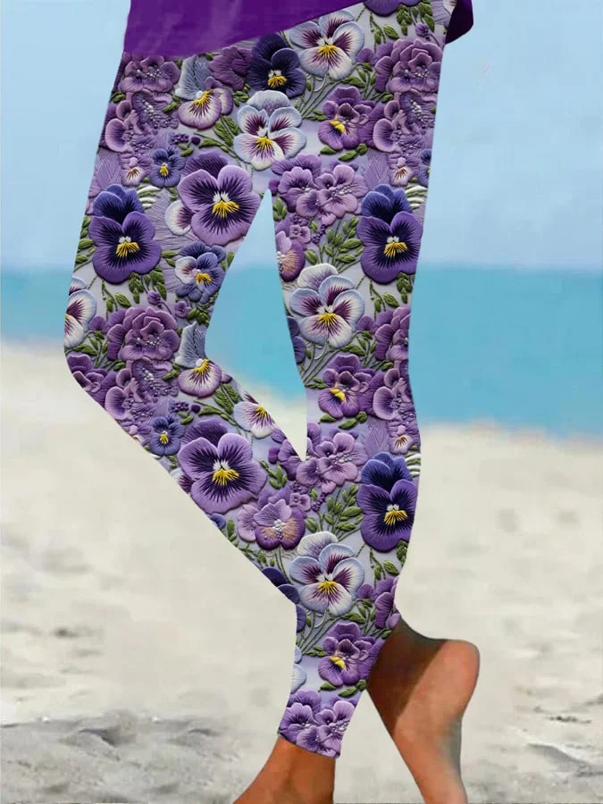 Women's Pansy Floral Pattern Print Flannel Leggings