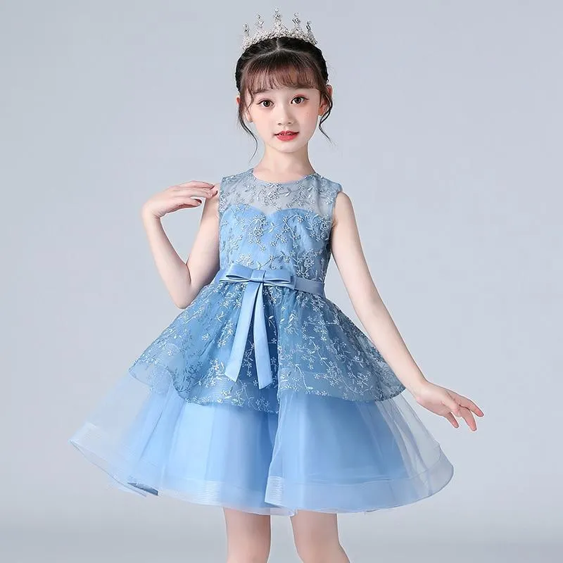 Summer Lace Embroidery Kids Dress For Girls Evening Wedding Party Tail Elegant Princess Sleeveless Children Holiday Dresses