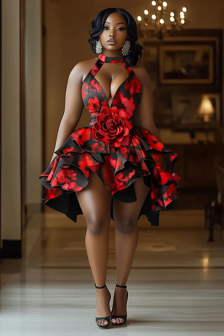 3D Floral Decor Print Halter Irregular Party Mini Dresses-Black [Pre Order]