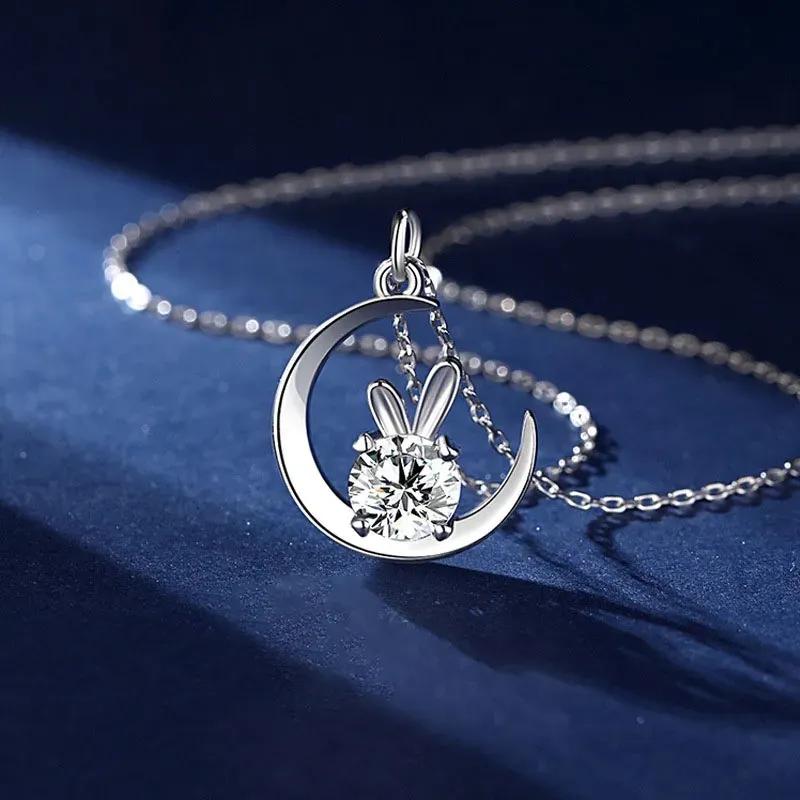 925 silver necklace moon rabbit pendant moissanite diamond collarbone chain Valentine's Day gifts for girlfriends