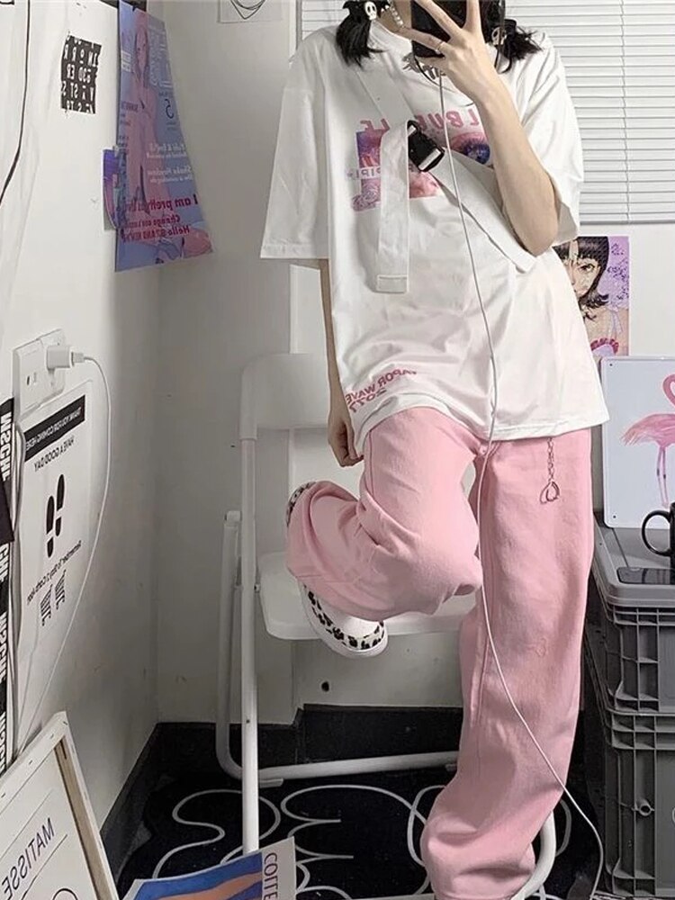 Imaginarygam Y2K Baggy Pink Jeans Women Kawaii Korean Fashion Oversize Low Rise Wide Leg Denim Pants Streetwear Loose Trousers Alt