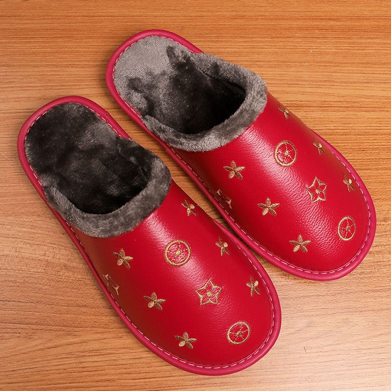 Hot Waterproof Leather Slippers Men Winter Warm Home Cotton Shoes Women Brand Luxury Indoor Fur Slippers Couple Shoes